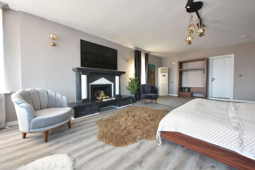 Zimmer mit Balkon und Kamin